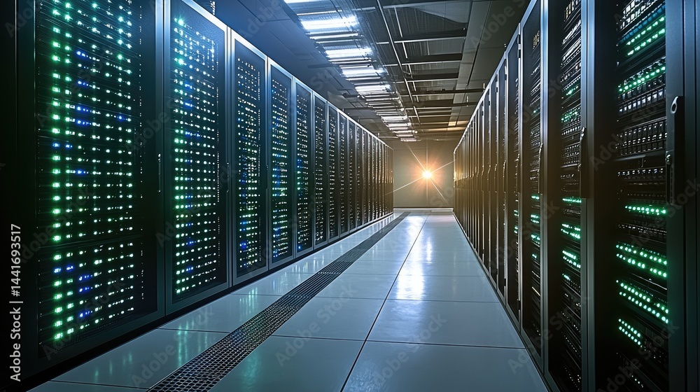 Leinwandbilder a modern data center with rows of sleek server racks, illuminated by cool blue and green led lights.