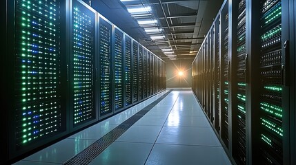 A modern data center with rows of sleek server racks, illuminated by cool blue and green LED lights. The servers are well-organized, blinking indicator lights showing active cloud computing processes.