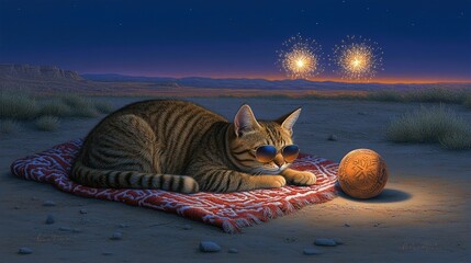 Cat with Sunglasses Relaxing on Rug Under Fireworks in Desert Landscape at Twilight
