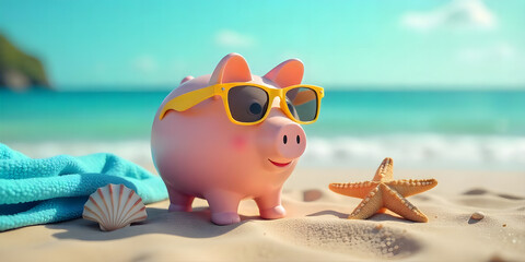 Piggy Bank in Sunglasses on Beach with Starfish and Seashell