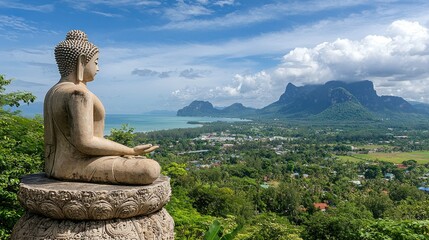Serene Buddha Statue Overlooking Lush Landscape and Mountains by the Ocean During Daylight