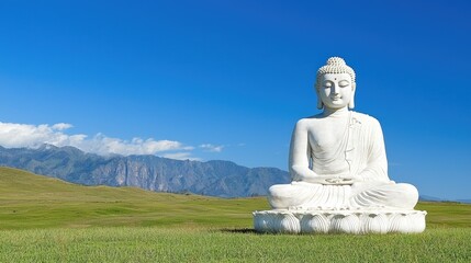 Fototapeta premium Serene White Buddha Statue Meditating in Lush Green Landscape with Blue Sky and Mountains