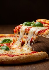 Close-up of a Margherita pizza with perfectly melted mozzarella, crispy golden crust, and vibrant tomato sauce. Soft, dramatic side lighting enhances textures and details,
