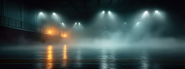 A dimly lit, empty warehouse with mist and reflections on the shiny floor, illuminated by overhead and wall lights.