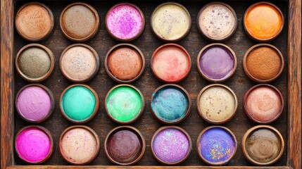 Colorful Arrangement of Paint Dots in Wooden Box with Various Shades and Textures