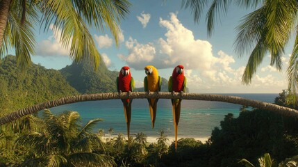 Vibrant Macaws Perched on a Branch Overlooking Tropical Beach and Lush Green Mountains