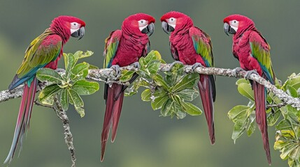 Vibrant Scarlet Macaws Perched on Branch Against Lush Green Background in Natural Habitat