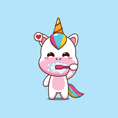 Cute unicorn cartoon vector illustration brushing teeth