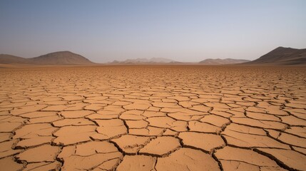 Vast Arid Desert Landscape with Cracked Earth and Mountain Range Beneath Clear Blue Sky