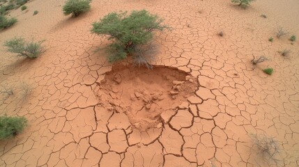 Dry Cracked Earth Landscape with Isolated Green Tree in Arid Desert Environment