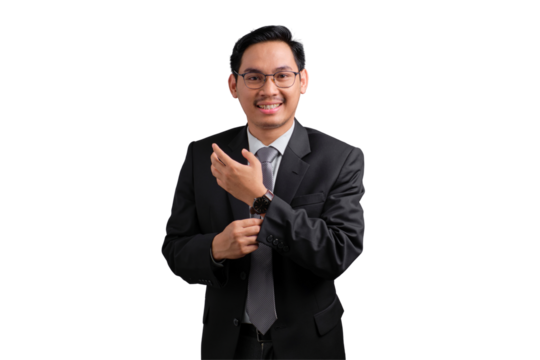 Confident Asian businessman in suit adjusting wristwatch and smiling, isolated on transparent background - Powered by Adobe