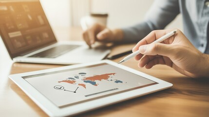 Close-up of a person reviewing a global data graphic on a tablet.