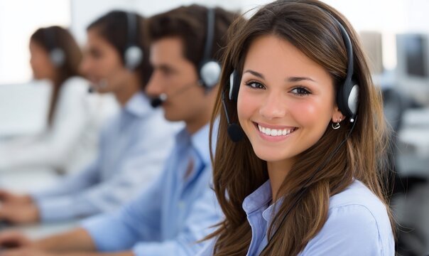 Customer service team, call center, smiling employee, office setting, business support, potential use for marketing or training materials