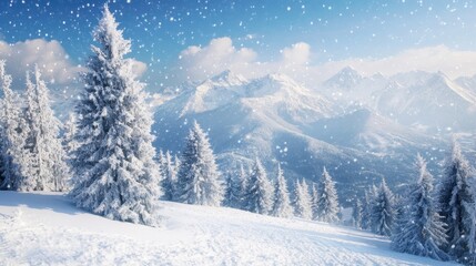 Obraz premium Environment Christmas. White Snowfall in Winter Landscape with Snowy Mountains