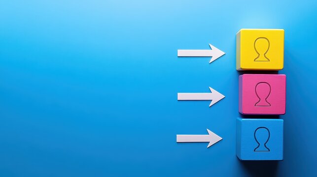Colorful blocks with person icons and directional arrows. - Powered by Adobe