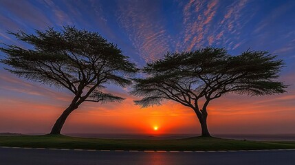 Obraz premium Two Silhouetted Trees Against a Vivid Sunset with Colorful Clouds in the Evening Sky