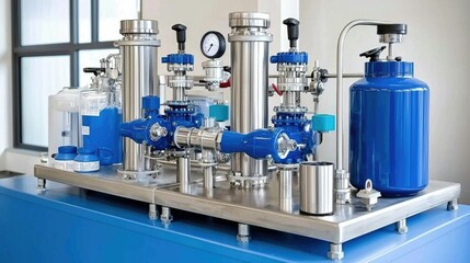 Industrial Pumping System with Blue Valves and Gauges in Modern Facility Setting