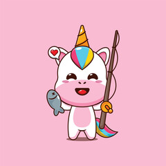 Cute unicorn cartoon vector illustration catching fish with fishing rod