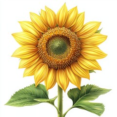 Naklejka premium Vibrant Yellow Sunflower Blossom with Lush Green Leaves Detailed Botanical Illustration