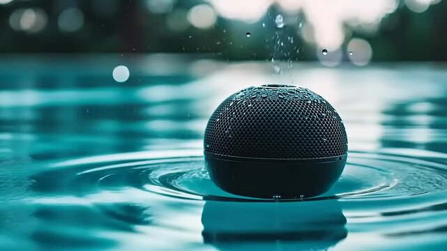 Waterproof bluetooth speaker floating on a pool surface with splashes and ripples