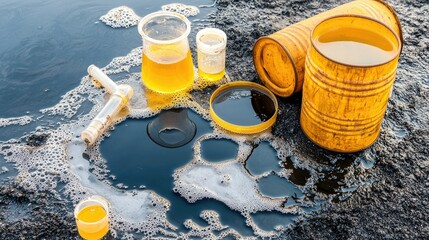 Contaminated Water Sample with Laboratory Equipment and Drums on Oil Spill Surface