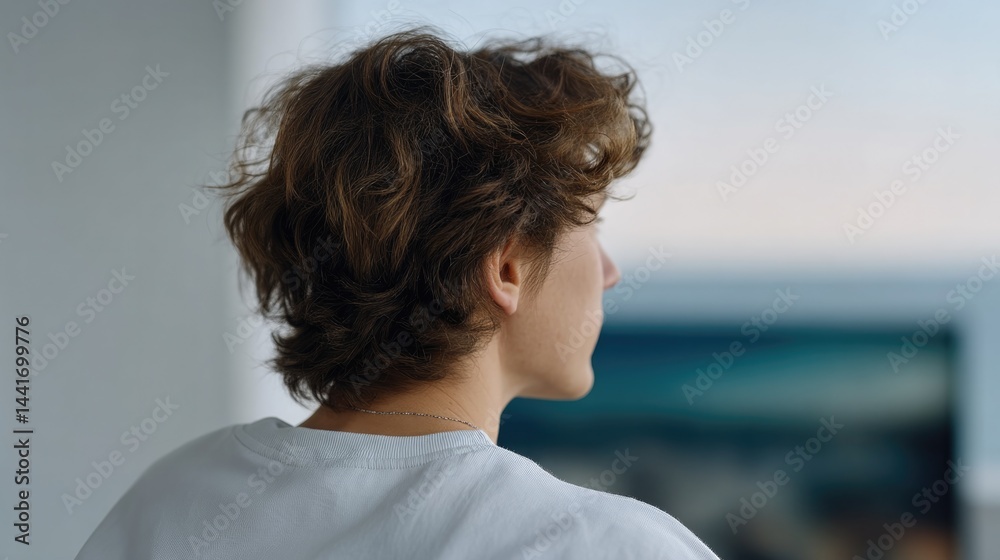 Poster person intently watching streaming service on digital device surrounded by blurry background