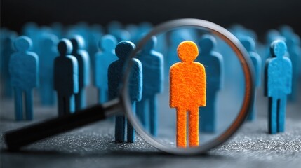 A magnifying glass highlights an orange figure standing out among blue figures, symbolizing individuality and selection.