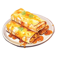 watercolor A plate of enchiladas with melted cheese illustration