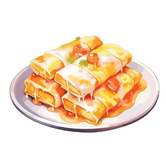 watercolor A plate of enchiladas with melted cheese illustration