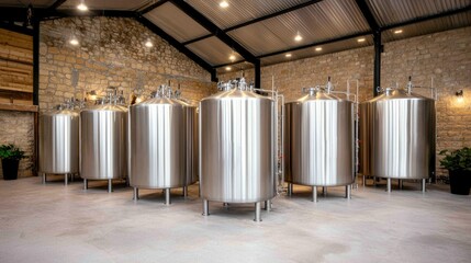 Modern stainless steel fermentation tanks in a spacious industrial setting with stone walls