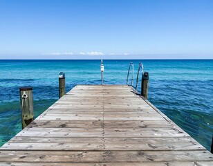 Obraz premium Wooden dock overlooking ocean,summer, calm, horizon, oil, relaxation, dock, ocean, cloud, nature, sky, vacation, water, beach, landscape, travel, view, wooden, atmosphere, calmness, 