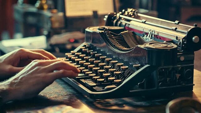 Typing on an old typewriter, writer's hands, vintage machine with keys and paper roll, writer at work and publishing