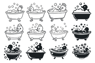 Fototapeta premium Cartoon ducks taking a bubble bath in a claw foot bathtub vector set