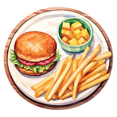 watercolor A plate with  a hamburger and crispy french fries