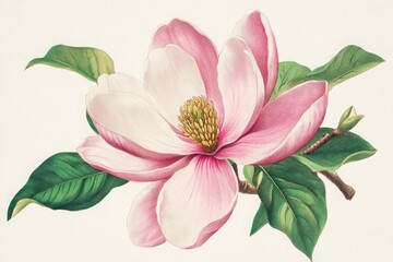 Obraz premium A vintage illustration of an open pink magnolia flower, on a white background