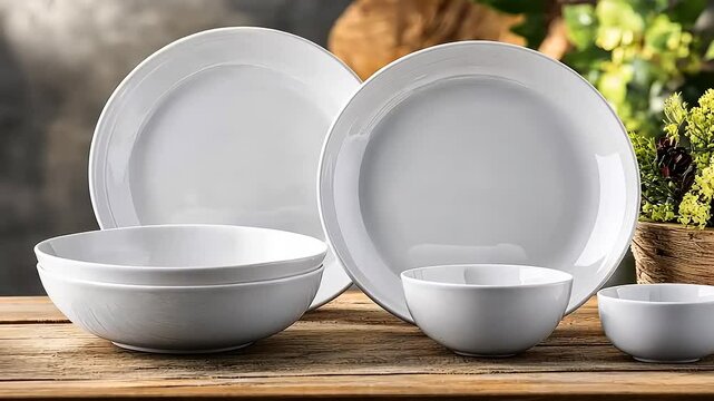 Elegant minimalist white dinnerware set with rustic wooden table setting and foliage