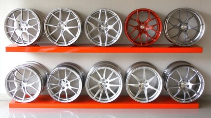 Display of Stylish Car Wheels in Silver and Red on Orange Shelves for Automotive Enthusiasts