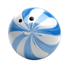 A digitally rendered, round candy with swirling blue and white patterns, resembling a peppermint.