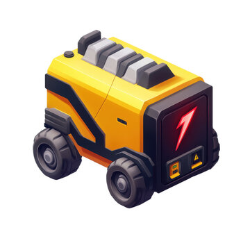 Isometric yellow generator with wheels and a red lightning bolt on a black screen panel design