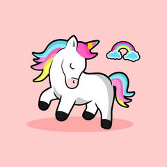 cute unicorn cartoon with rainbow on pink background