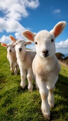 Obraz premium Cute lamblings on a grassy hill in bright sunlight, perfect for a children's book or a nature calendar