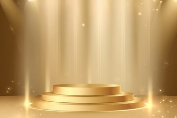 Obraz premium A golden podium is illuminated by spotlights, creating a luxurious and celebratory atmosphere with sparkling light effects.