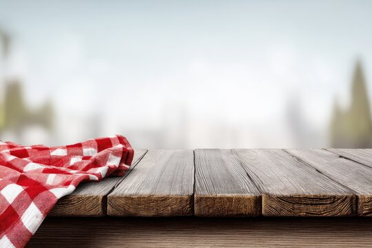 Rustic wooden tabletop with red checkered tablecloth. Blurred outdoor background - Powered by Adobe