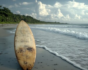Weathered surfboard on sandy beach
