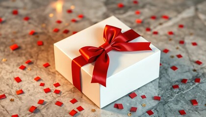 Obraz premium White Gift Box with Red Ribbon Bow and Festive Confetti on a Marble Surface 