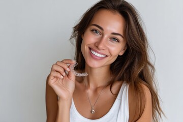 A cheerful woman holding clear dental aligners, promoting good oral health and the importance of maintaining a beautiful smile for self-confidence and well-being.