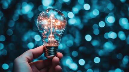 A glowing light bulb held in a hand against a teal background.