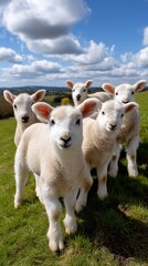 Fototapeta premium Cute lambs in a field under a cloudy sky. Ideal for children's books, farm-themed products, or educational materials