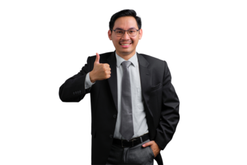 Confident Asian businessman in suit giving thumbs up and smiling, isolated on transparent background