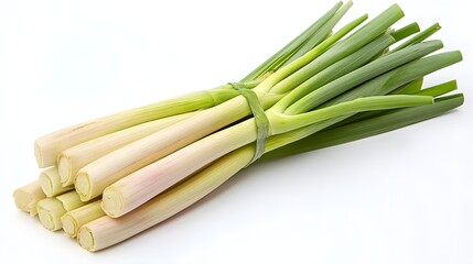 Fresh Green Lemongrass Stalks Bunched Together on White Background